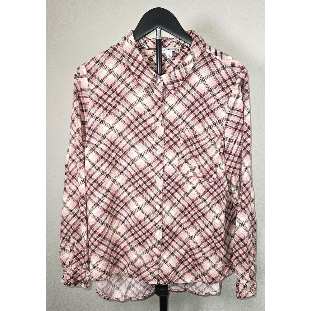 Tommy Hilfiger Womens XL Pink Plaid Button Front Blouse Long Sleeve Viscose Top